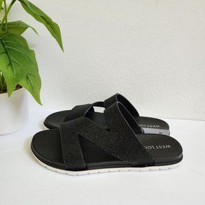 West Loop Women's Casual Slip-on Glitter Slide Sandals, Black